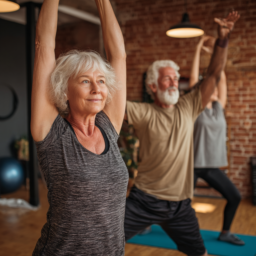 Пара у віці 55-60 років займається разом під наглядом тренера, виконує вправи на розтяжку в затишному фітнес-залі