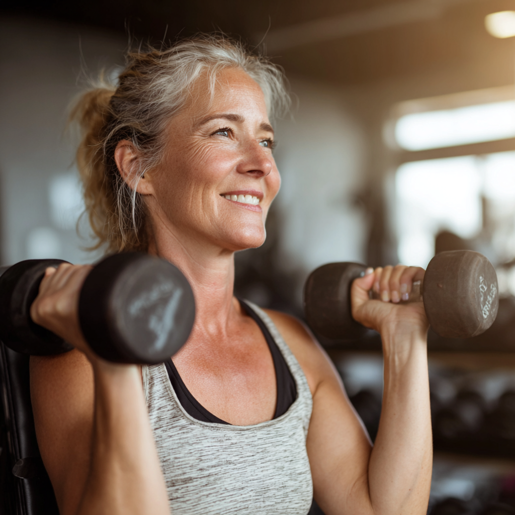Активна жінка 55 років виконує вправи з гантелями в сучасному спортивному залі, усміхається та демонструє силу і витривалість