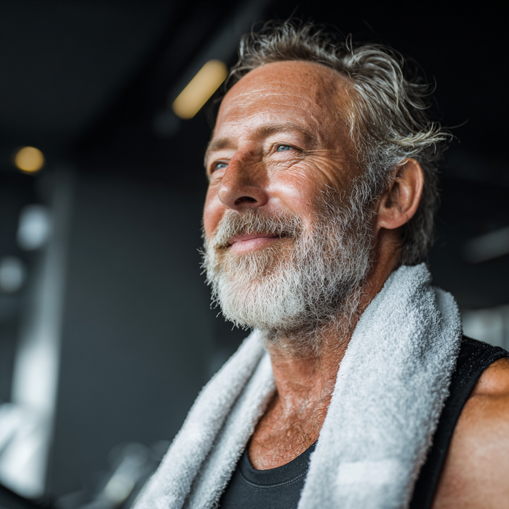 Чоловік 60 років після тренування, витирає піт рушником, виглядає задоволеним і енергійним в фітнес-залі